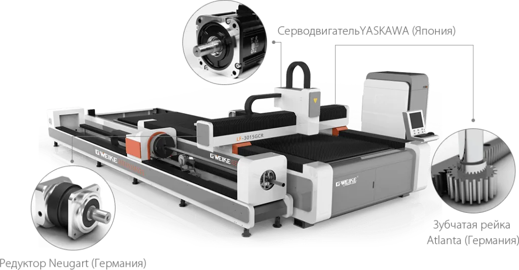 Трансмиссия — точность и надёжность. Оптоволоконный станок для лазерной резки металла G-Weike.